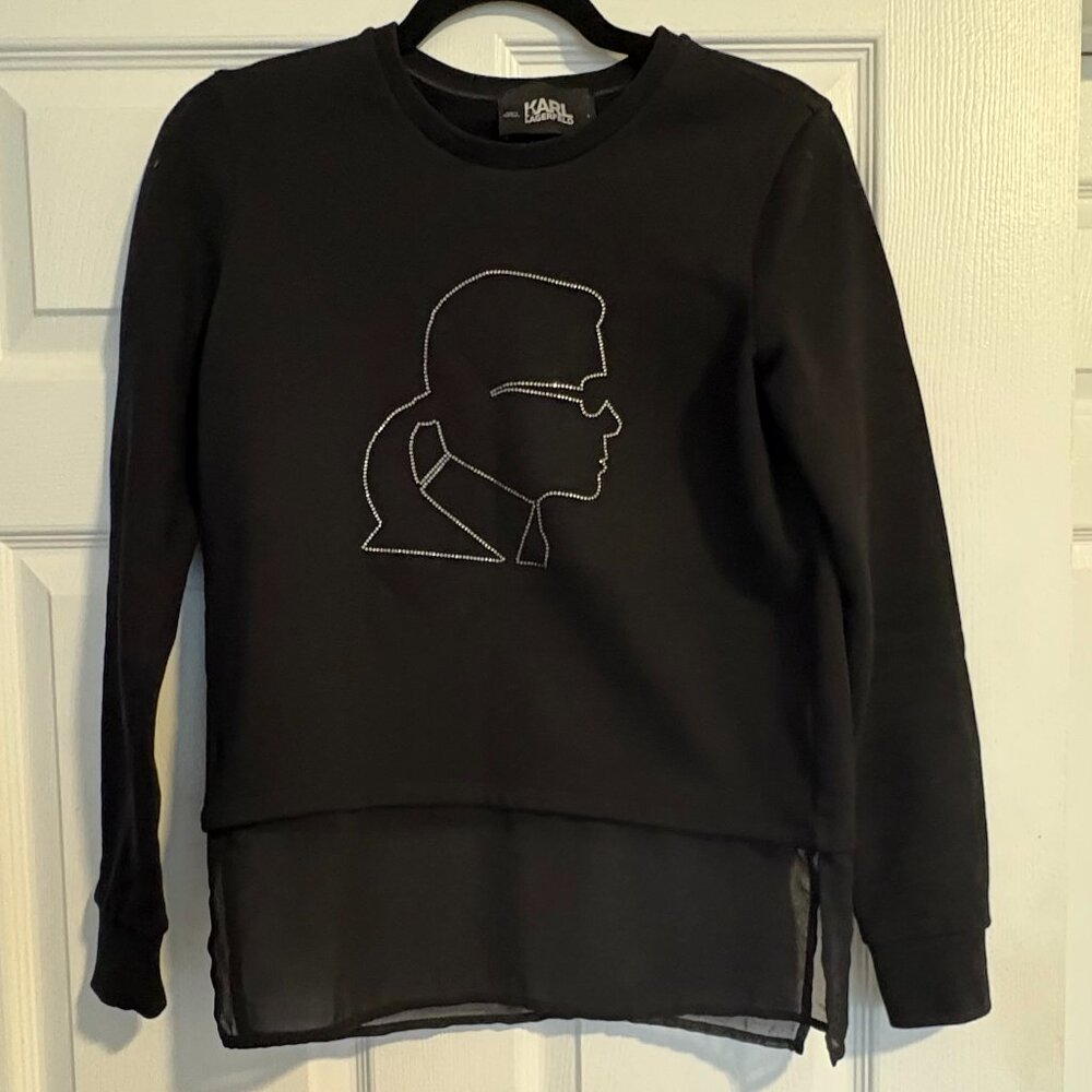 KARL LAGERFELD Rhinestone Logo Sweatshirt Chiffon Hem Black Fleece Pullover S